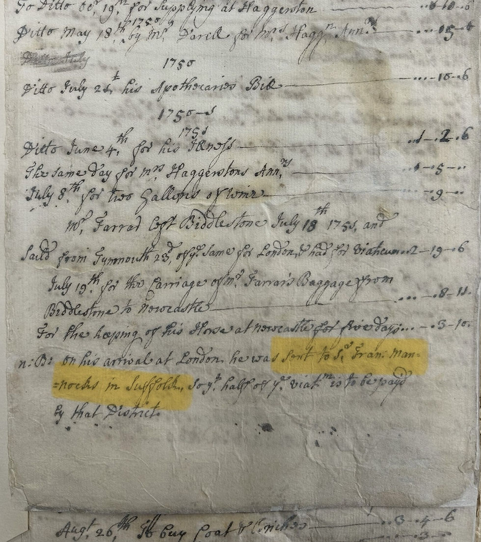 Photo of a document from 1750. The workds 'sent to Sir Franc. Mannocks in Suffolk' have been highlighted.