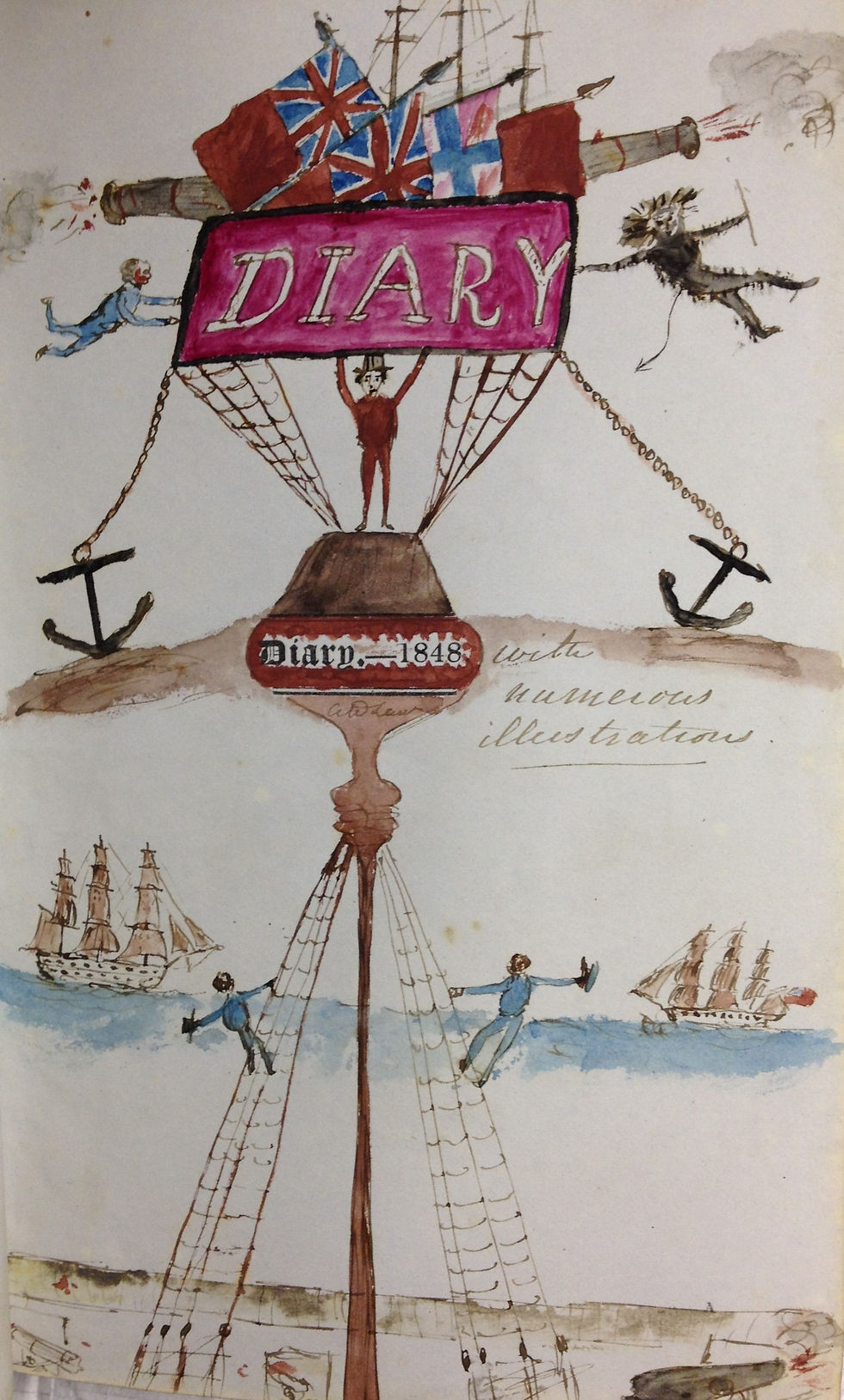 Watercolour illustration showing a mast of a ship with the word Diary on main sail and several flags sticking out of it. Below the main sale in crows nest is written Diary 1848. Next to this is written with numerous illustrations.