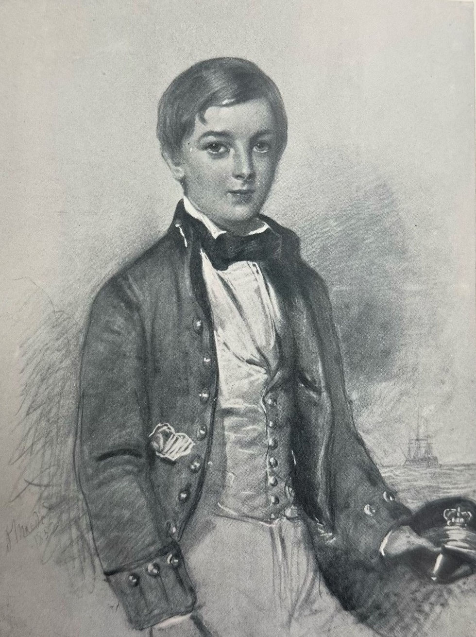 Drawing of a young boy looking slightly to right of viewer, wearing his naval cadet uniform, holding a hat with a ship passing in the background.