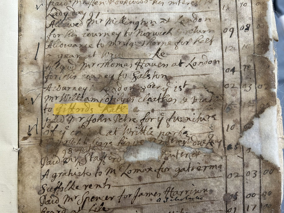 Photo of a document written in 1697. It is decayed and stained. The words 'Giffords Hall' have been highlighted.