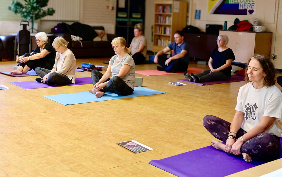 Yoga students sitting on their mats focusing on their breathing