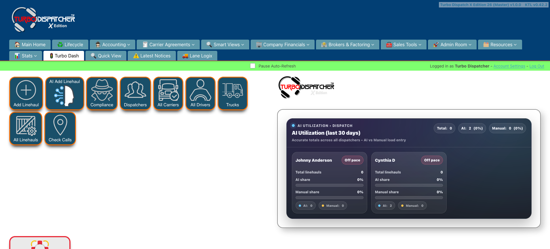 Turbo Dispatcher dashboard interface showing dispatch and KPI visibility
