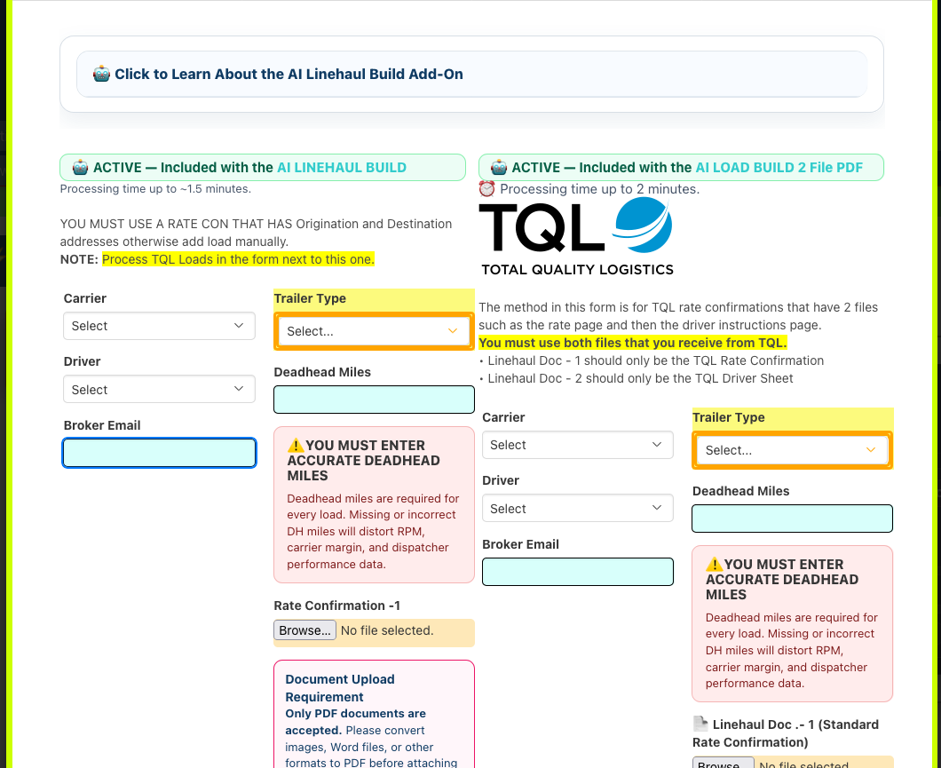 Turbo Dispatcher AI add new linehaul screen