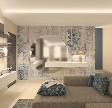 parete artistica blu e bianca con specchio rotondo e mobile sospeso