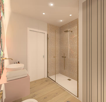 bagno con sanitari bianchi e parete floreale