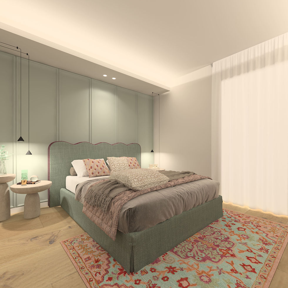 camera matrimoniale con letto verde e comodino