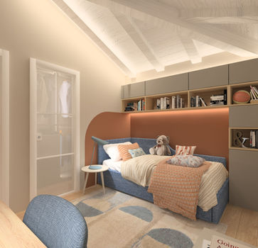 cameretta blu letto con parete armadio e scrivania