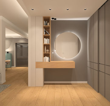 area ingresso con mobile sospeso e specchio rotondo retroilluminato