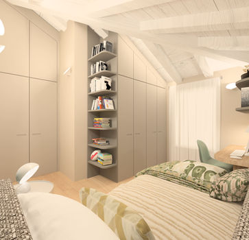 cameretta verde letto e scrivania con armadio e libreria angolare