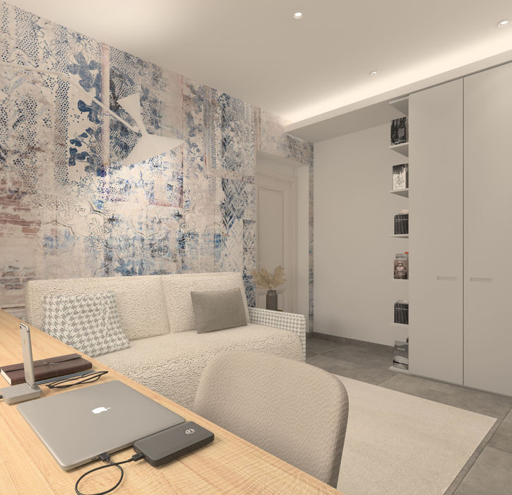 cameretta con divano letto, scrivania e parete floreale