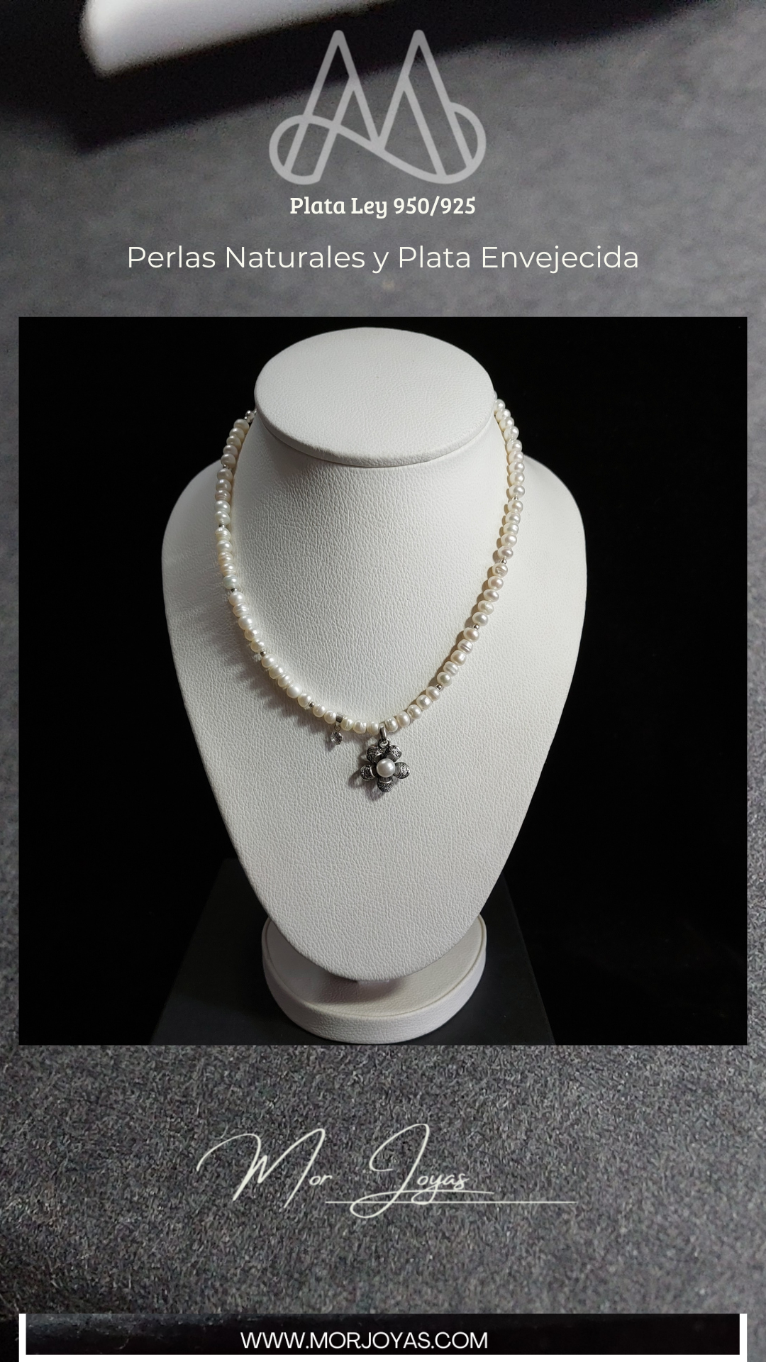 Collar y Aros Plata Envejecida Ley 925 Flores y Perlas