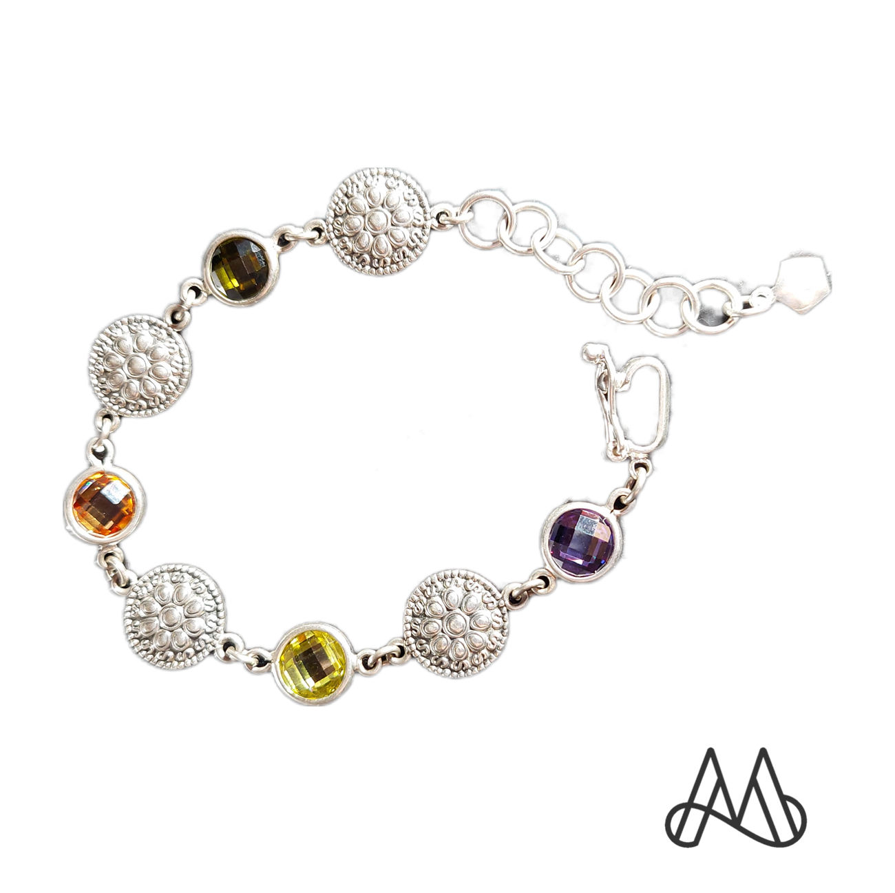 Pulsera Plata Envejecida Ley 950 / Monedas Citrinos y Amatista