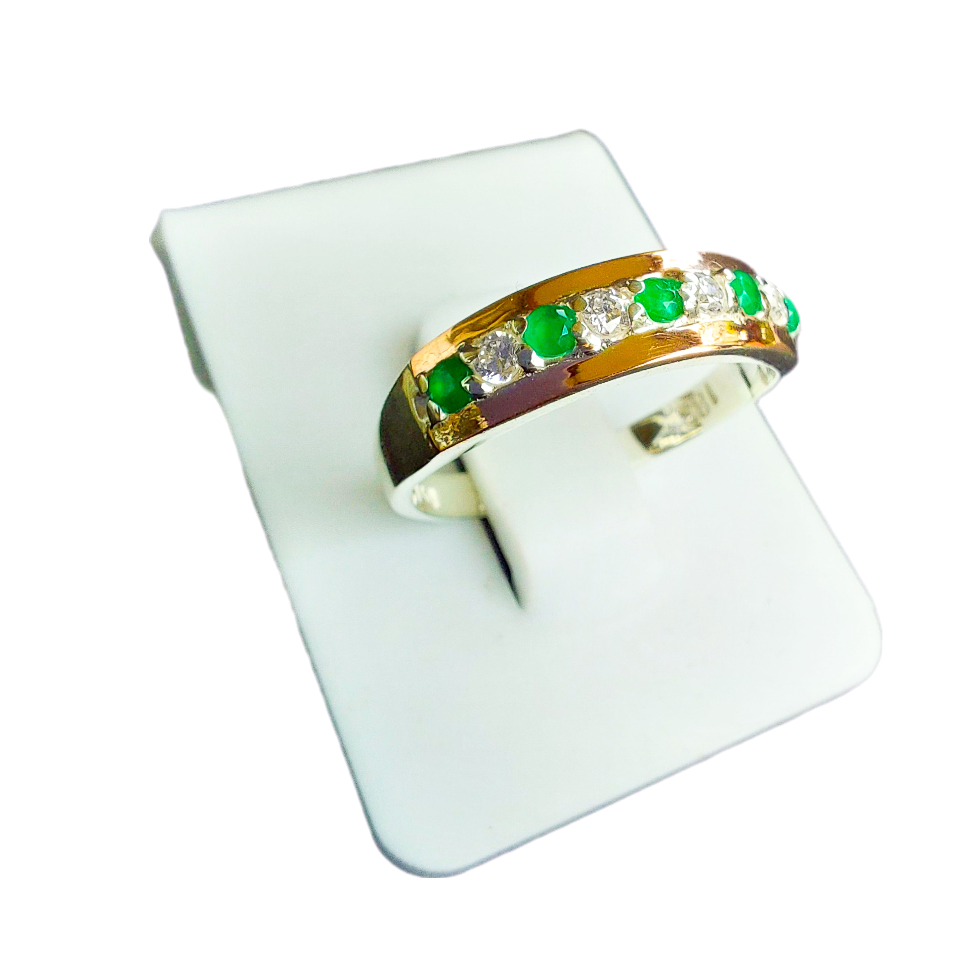 Anillo Plata Ley 950 y Oro 14k Cintillo Moderno Circones Verdes