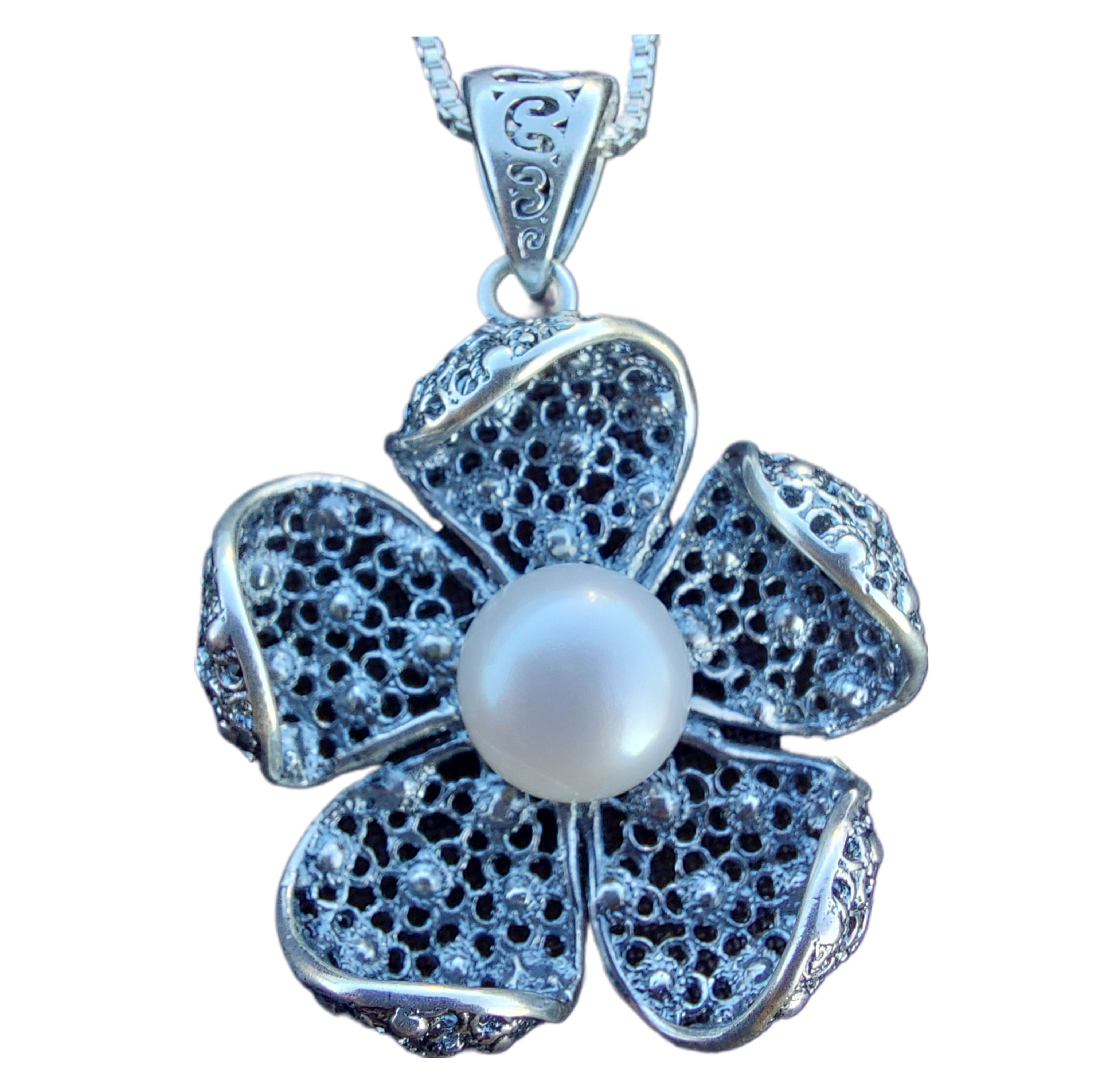 Colgante Plata Envejecida 950 Flor Perla