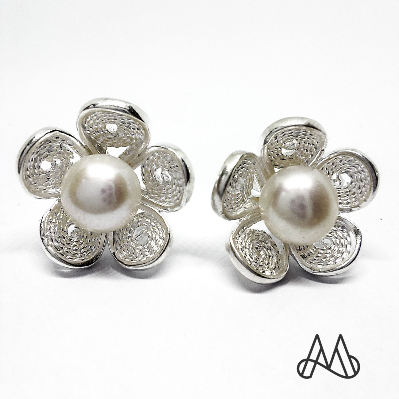 Aro Plata Ley 950 Florcita Perla Filigrana