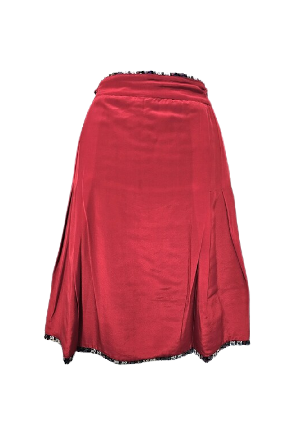Thumbnail: Red satin skirt with black lace trim. Elegant, feminine style, on white background.