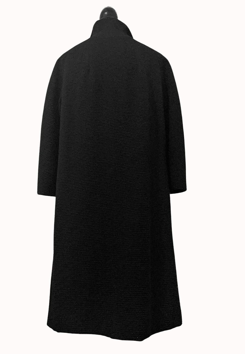 Thumbnail: Black long coat on display, elegant fashion statement, minimalist style, long sleeves.