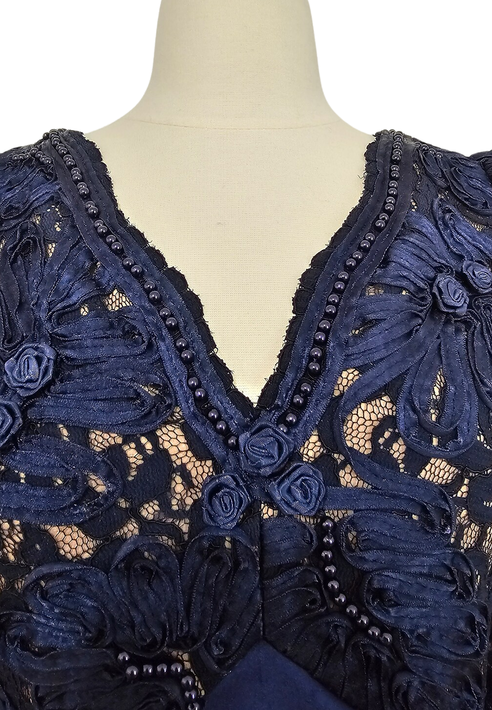 Thumbnail: Navy Blue Beaded +Illusion Lace Cocktail Dress