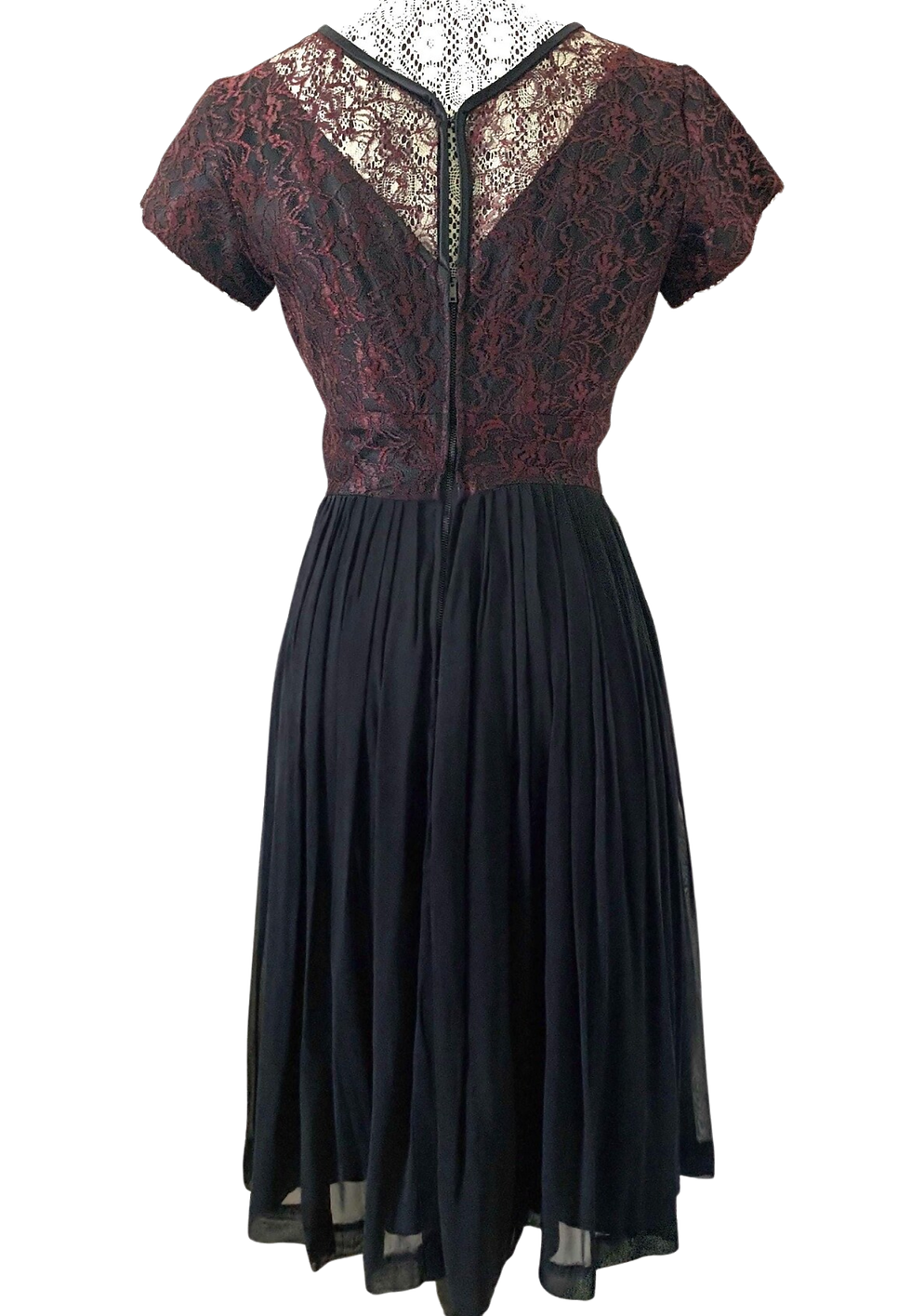 Thumbnail: Elegant black dress with red lace bodice, vintage look, formal wear.