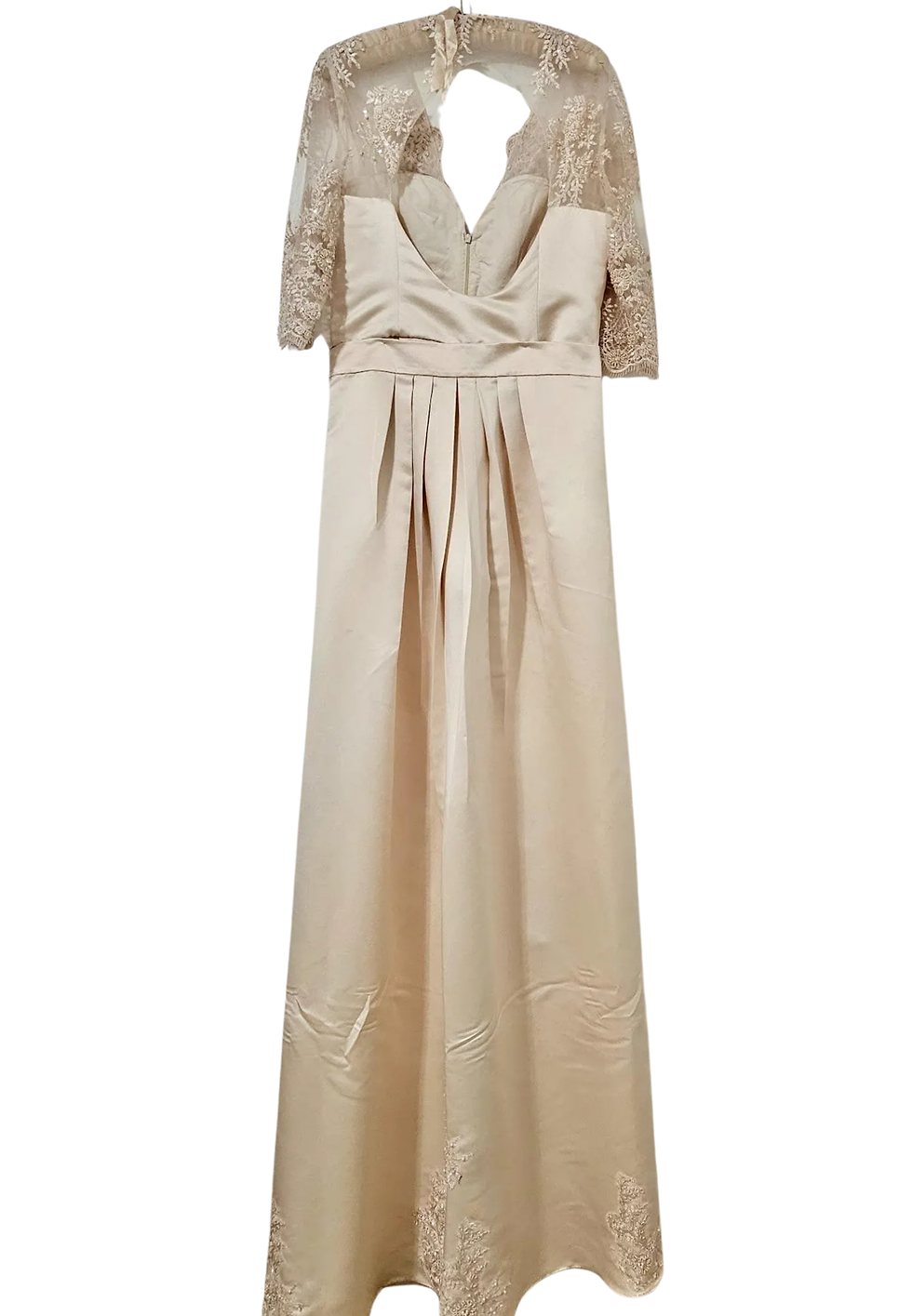 Thumbnail: Elegant beige dress with lace sleeves and V-neckline on white background