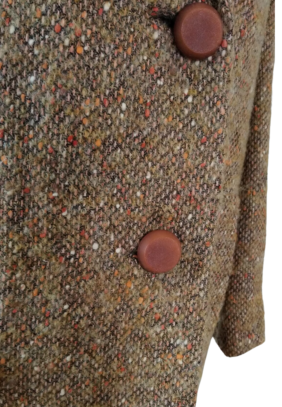 Thumbnail: Brown tweed jacket with a large button, vintage style, close-up shot.