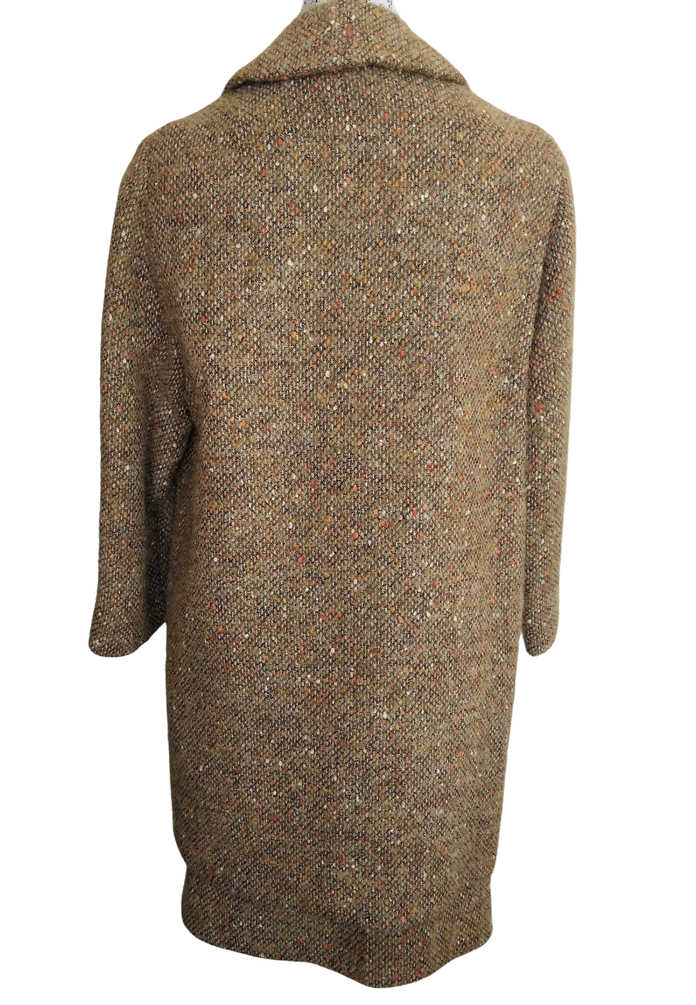 Brown tweed coat with orange flecks, isolated on a white background.
