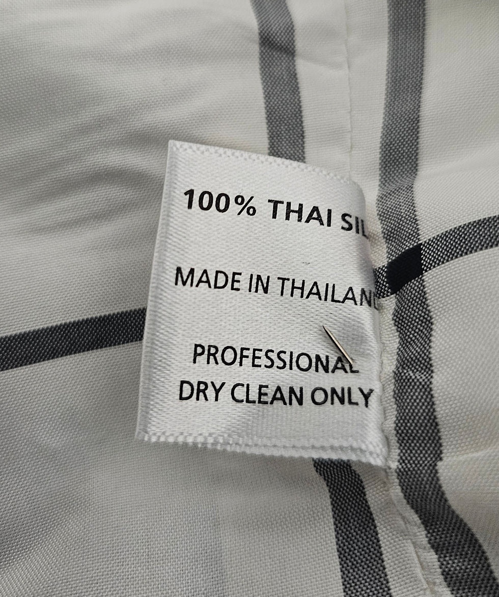 Thumbnail: White tag stating 100% Thai Silk, made in Thailand, dry clean only.