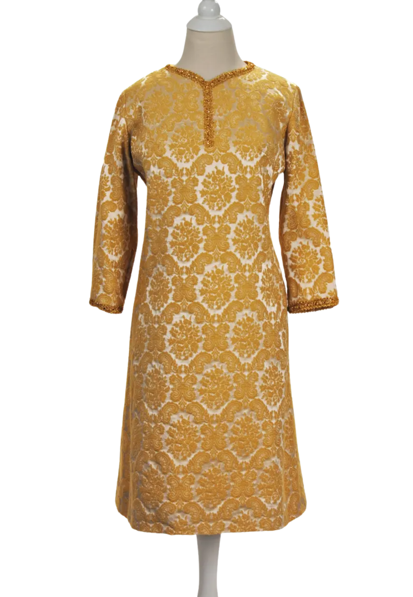 Mustard yellow patterned dress isolated on white background. Vintage 70s Clovis Ruffin Stripe Polyester Maxi Dress.