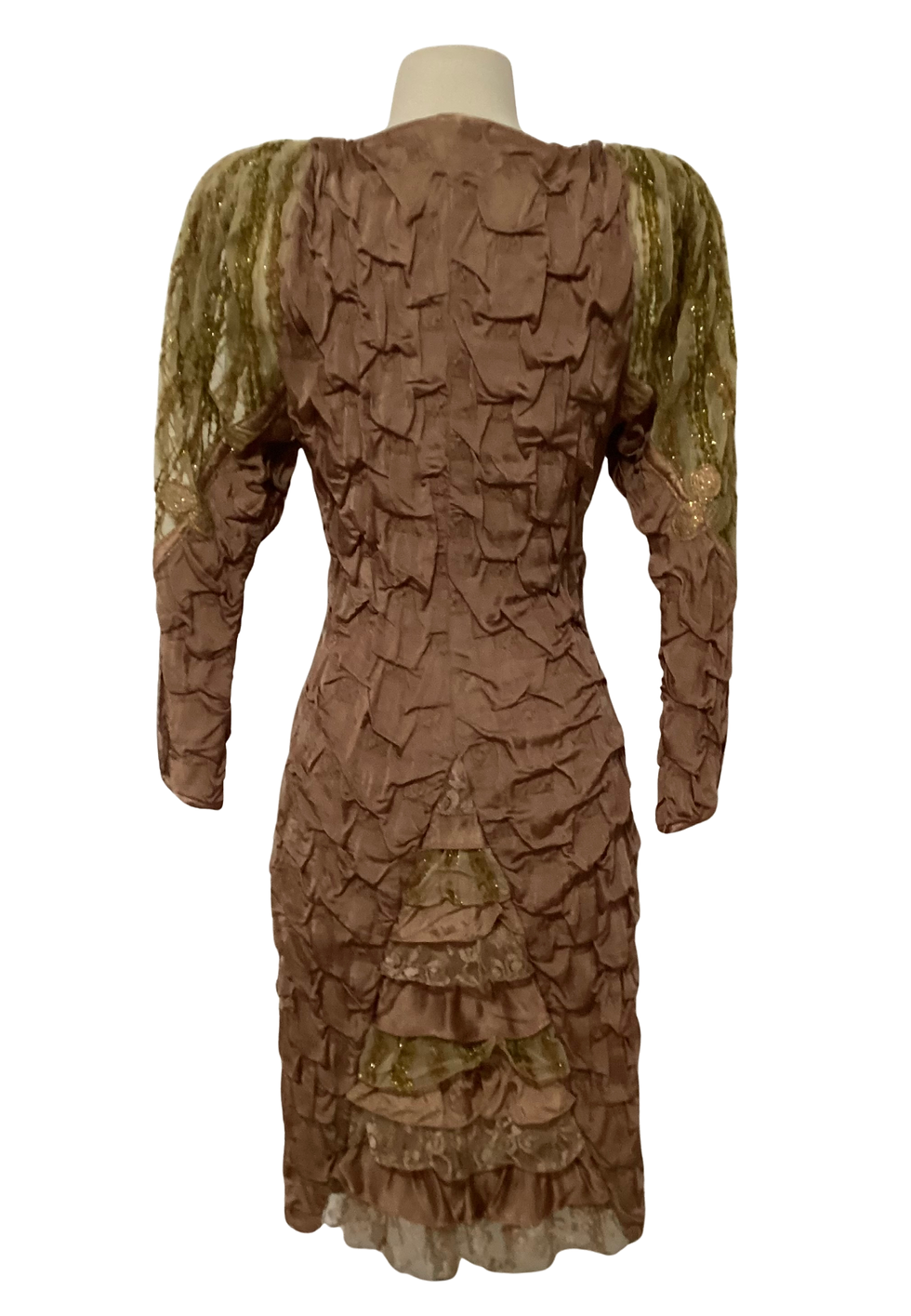 Thumbnail: Brown dress with intricate detailing and lace sleeves, vintage style, elegant design.