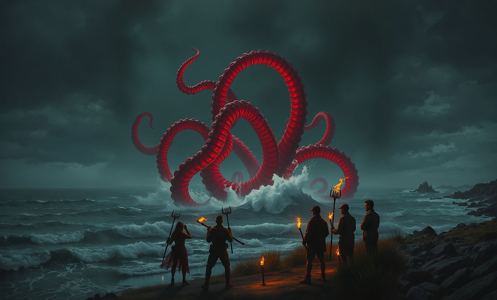 Create red tentacles coming out of a lake at night creating raging waves and ten people ho