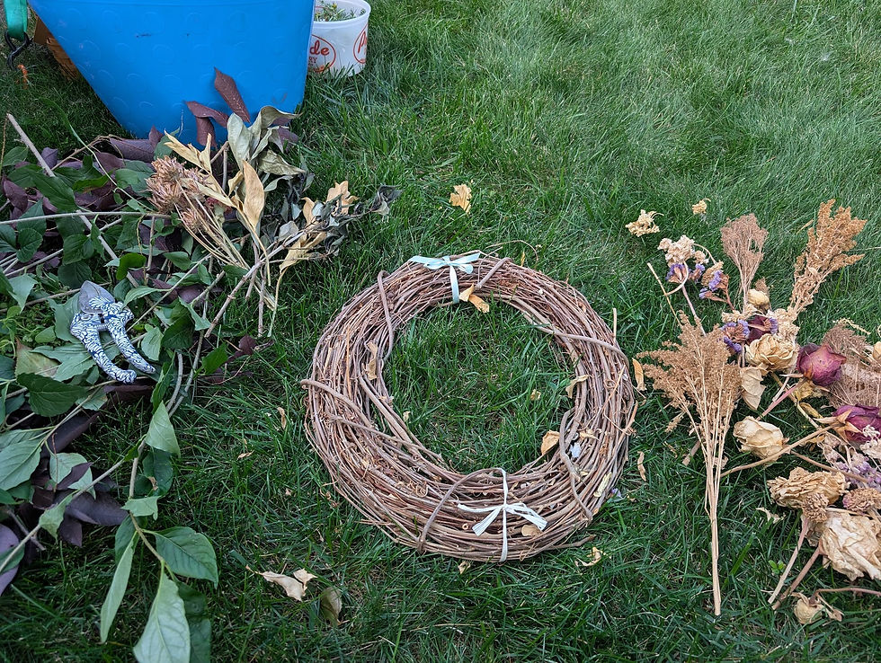 plant material and wreath on ground