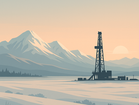 Flat-style digital illustration of an oil drilling rig set against a snowy Alaskan landscape at sunrise, with mountains in the background and no people present.