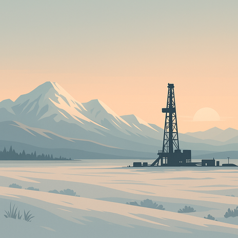 Flat-style digital illustration of an oil drilling rig set against a snowy Alaskan landscape at sunrise, with mountains in the background and no people present.