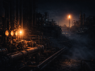 Nighttime oil and gas facility with illuminated pressure gauges in the foreground and complex piping fading into shadow, symbolizing surface-level competence in high-consequence operations.