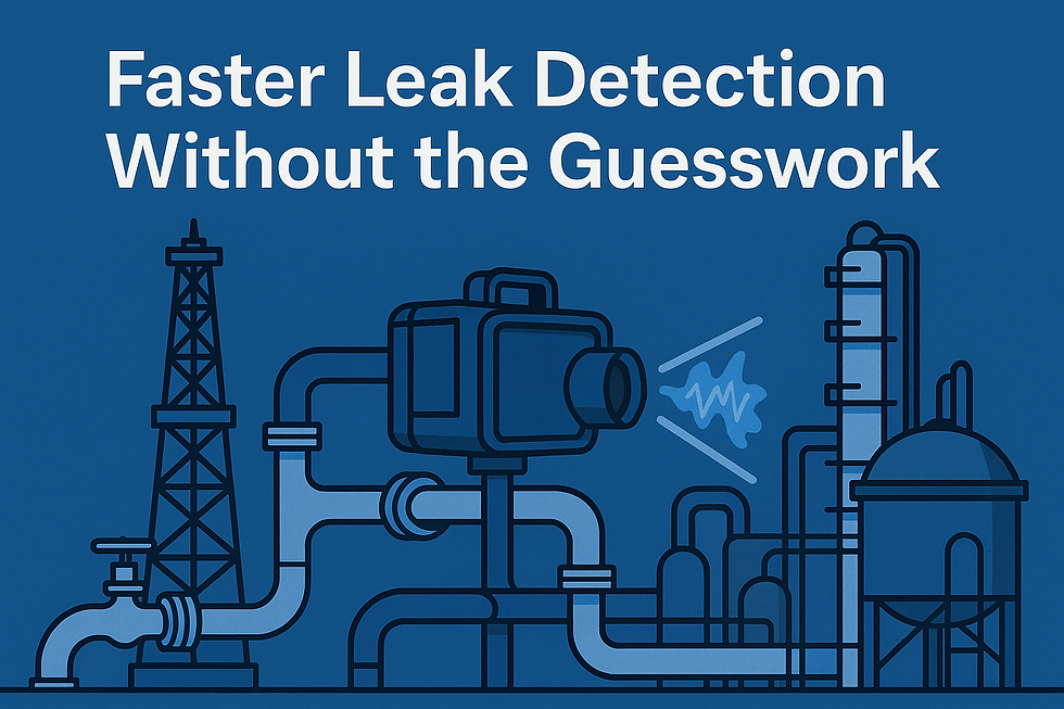 A digital illustration of ultrasonic gas leak detection technology in the oil and gas industry. The image features a stylized leak detection camera aimed at industrial piping and equipment, with sound waves visualized. Background includes oil rigs, pipelines, and tanks, all in dark blue tones without any people.