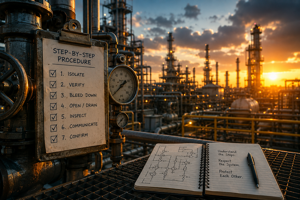 Industrial oil and gas refinery at sunset with detailed step-by-step procedure checklist, pressure gauges, and process notes representing structured training, communication, and operational safety in high-consequence environments.