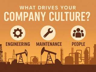 Illustration showing the question 'What Drives Your Company Culture?' above three icons labeled Engineering, Maintenance, and People. The Engineering icon features a gear, Maintenance a wrench, and People a group of figures. The background depicts an oil and gas facility silhouette at sunset with pump jacks, tanks, and refinery structures.