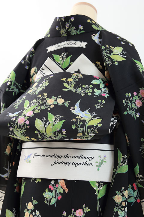 MarMu マーム 名古屋帯 ブルームバード花柄 鳥柄 黒 名古屋帯 BloomBirds ブルームバード | MarMuマーム