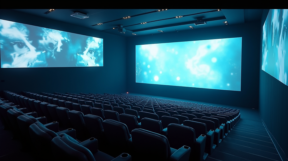 High angle view of a futuristic cinema hall with immersive screens