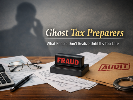 Image illustrating the risks of ghost tax preparers, showing tax documents on a desk with a fraud stamp, audit folder, calculator, and a shadowy figure representing an unauthorized tax preparer.