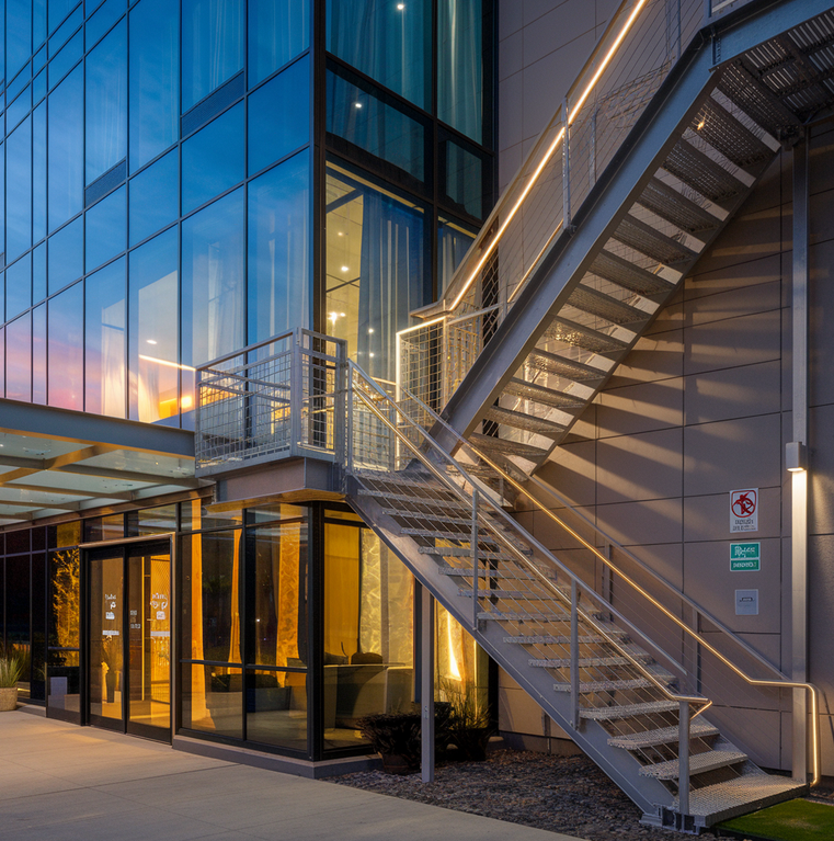 fire escape on the outside of a spacious glass building