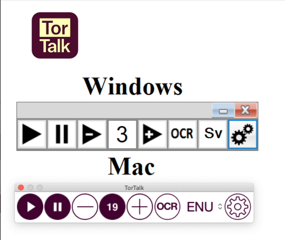 TorTalk logo above Windows and Mac interface screenshots. Windows shows playback controls, OCR, Sv. Mac interface features similar controls.
