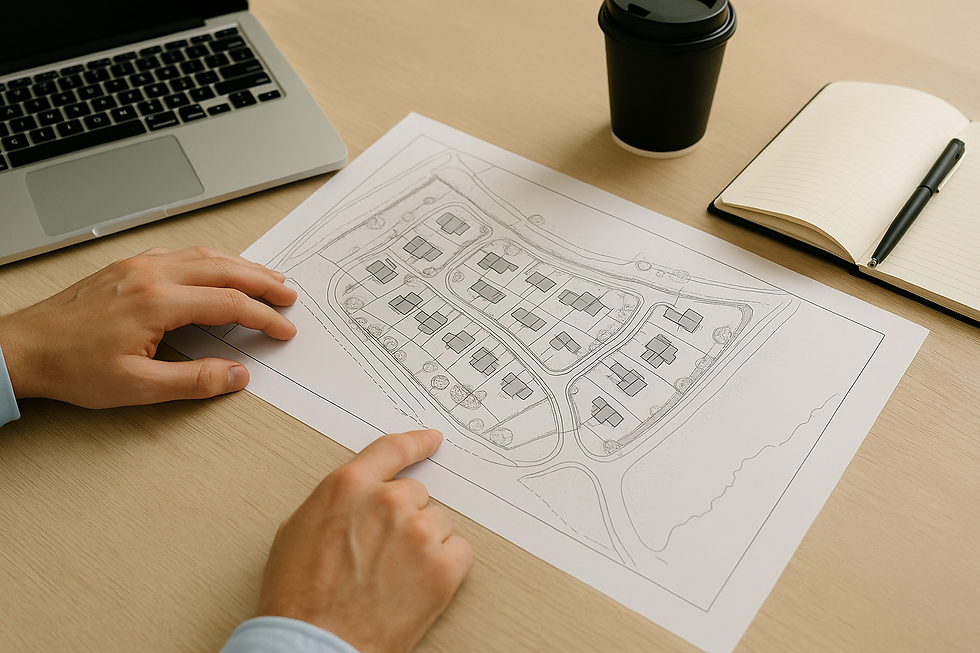 Planning consultants hands point at an architectural map on a desk. Nearby are a laptop, coffee cup, and an open notebook with a pen. Setting is calm, organized.