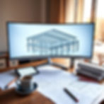 Ultra-realistic high-resolution image of an architect’s desk with a large curved monitor d