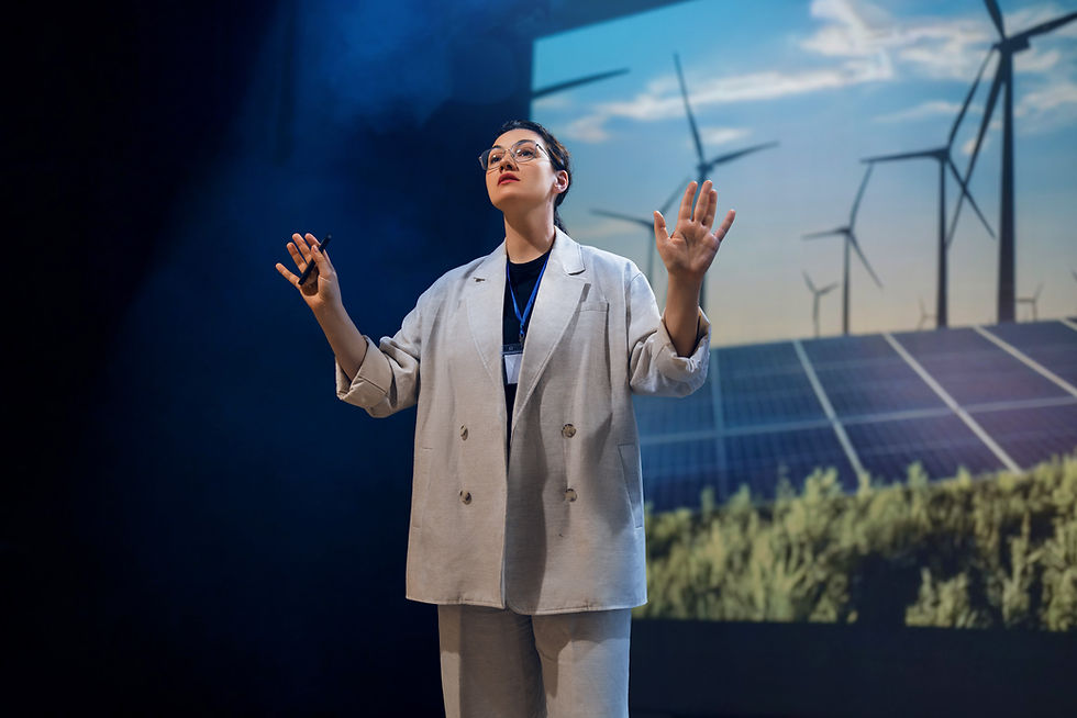 Presenter speaking on stage about sustainability