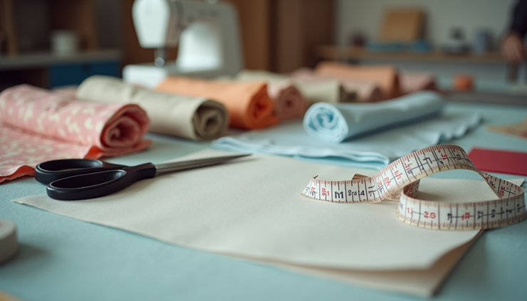 Eye-level view of a sewing workspace with fabric rolls and sewing tools