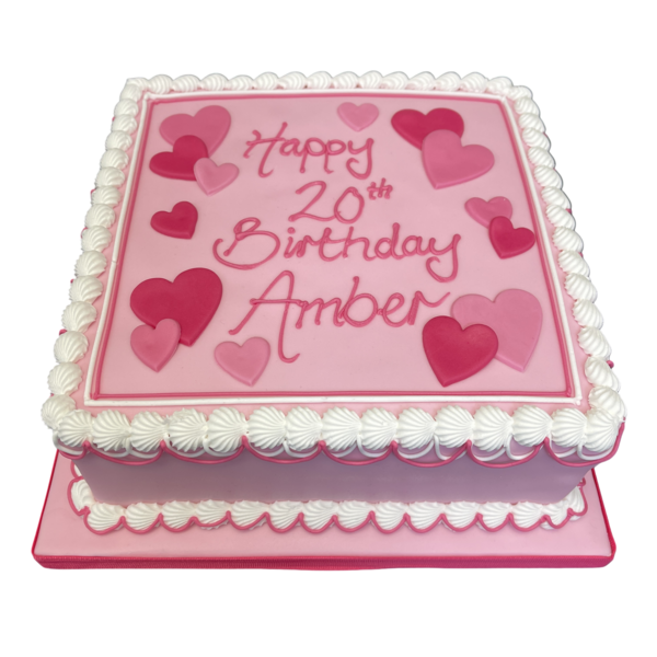 Beautifully designed 8" square cake adorned with delicate hearts, perfect for special occasions and celebrations.