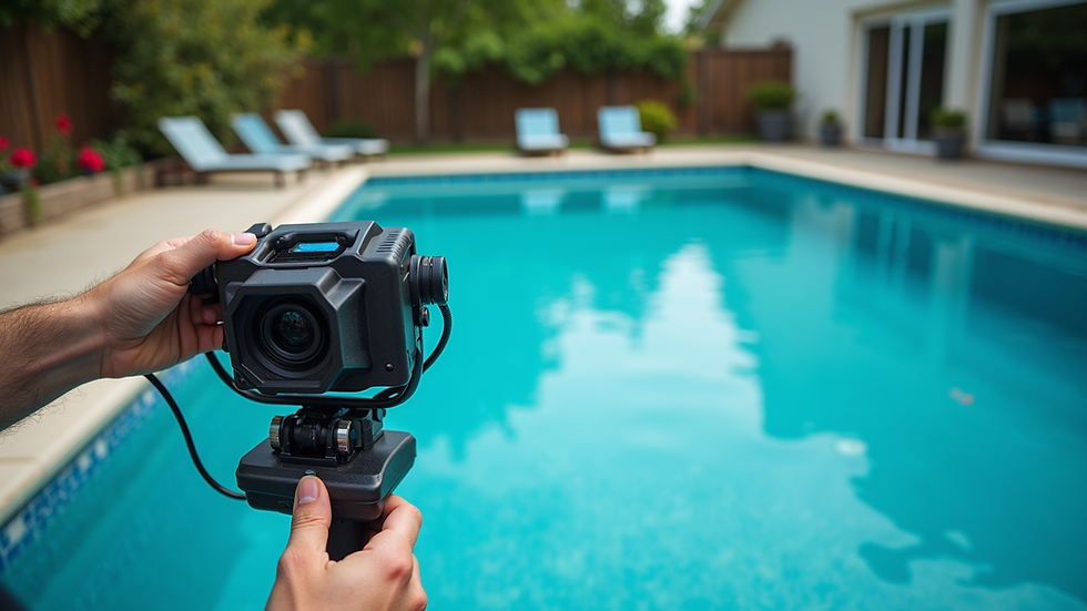 High angle view of a pool technician using sonar equipment near a residential pool
