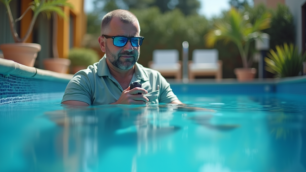 Close-up view of a pool technician inspecting a pool for leaks