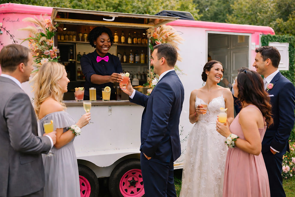 "Luxury Royal Blush Bar mobile bar serving handcrafted cocktails during an elegant outdoor wedding reception."